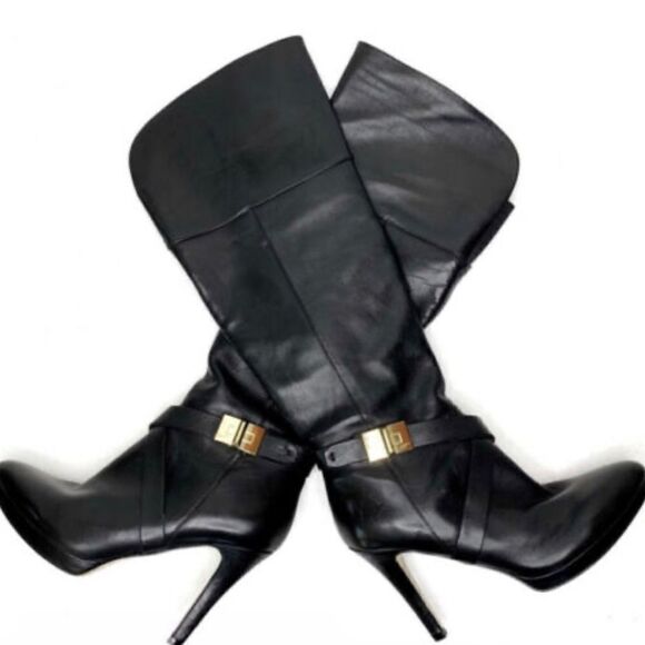 Marc Fisher Tall Black Leather Heeled Stiletto Boots with gold tone accent SZ6M - Picture 1 of 16
